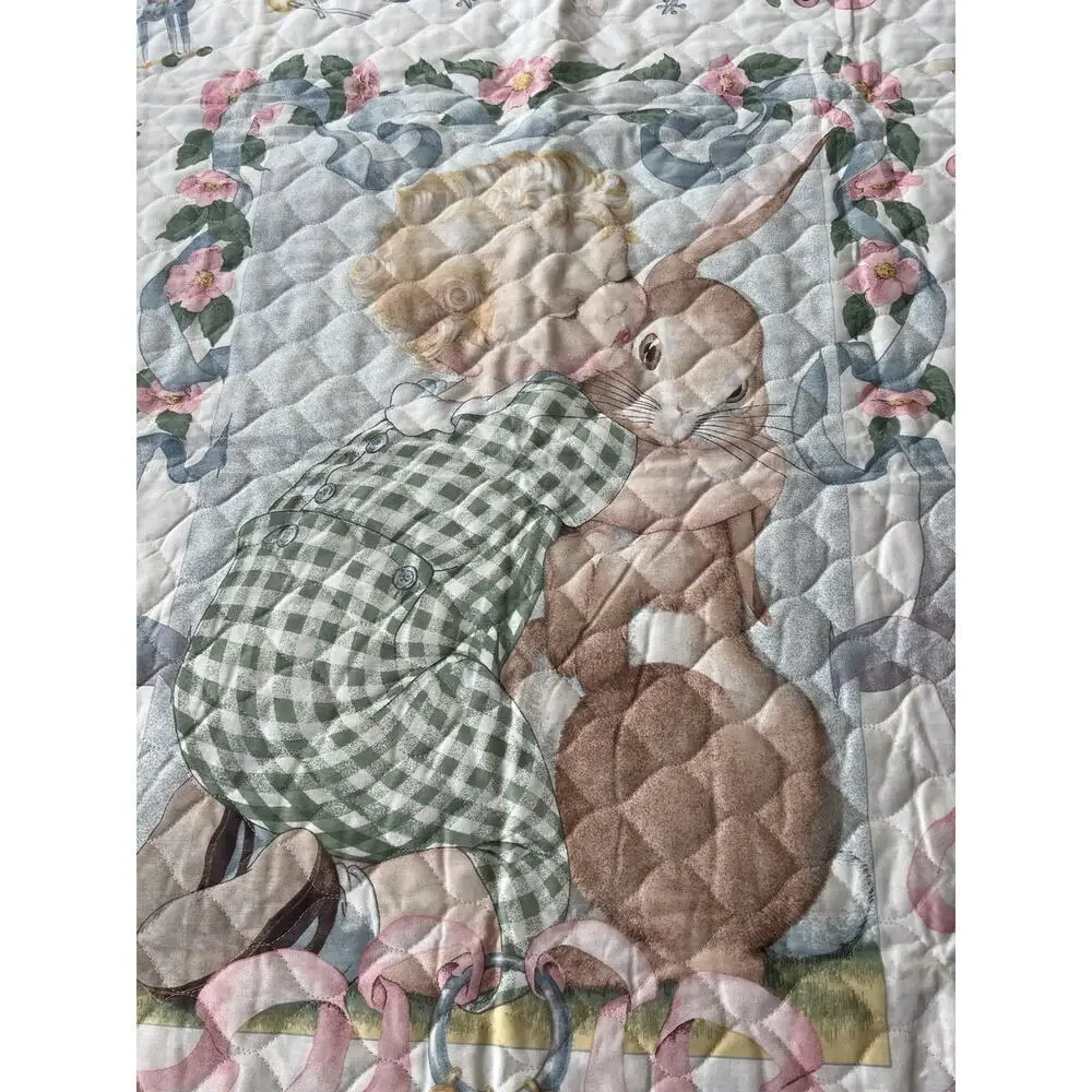 Vintage Baby Quilt or Wall Hanging in Charming Pastel Colors Rabbit